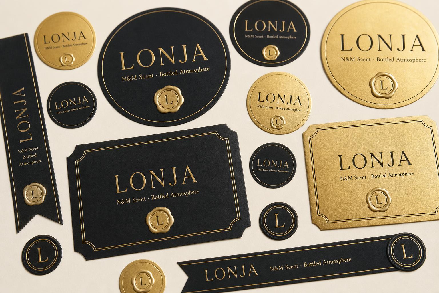 Lonja N&M black-and-gold labels and wax seals